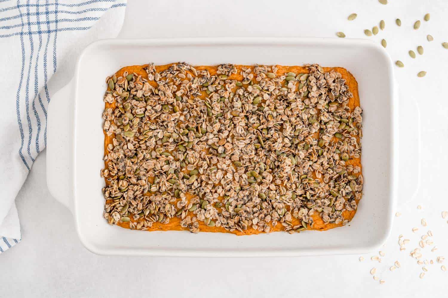 Baked sweet potatoes with oat topping.