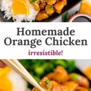 Chicken with glaze, text overlay reads "homemade orange chicken - irresistible!"