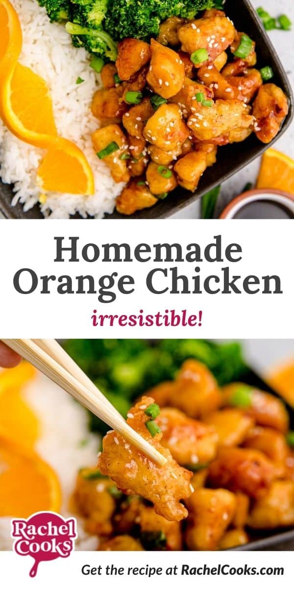 Chicken with glaze, text overlay reads "homemade orange chicken - irresistible!"