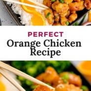 Chicken with glaze, text overlay reads "perfect orange chicken recipe."