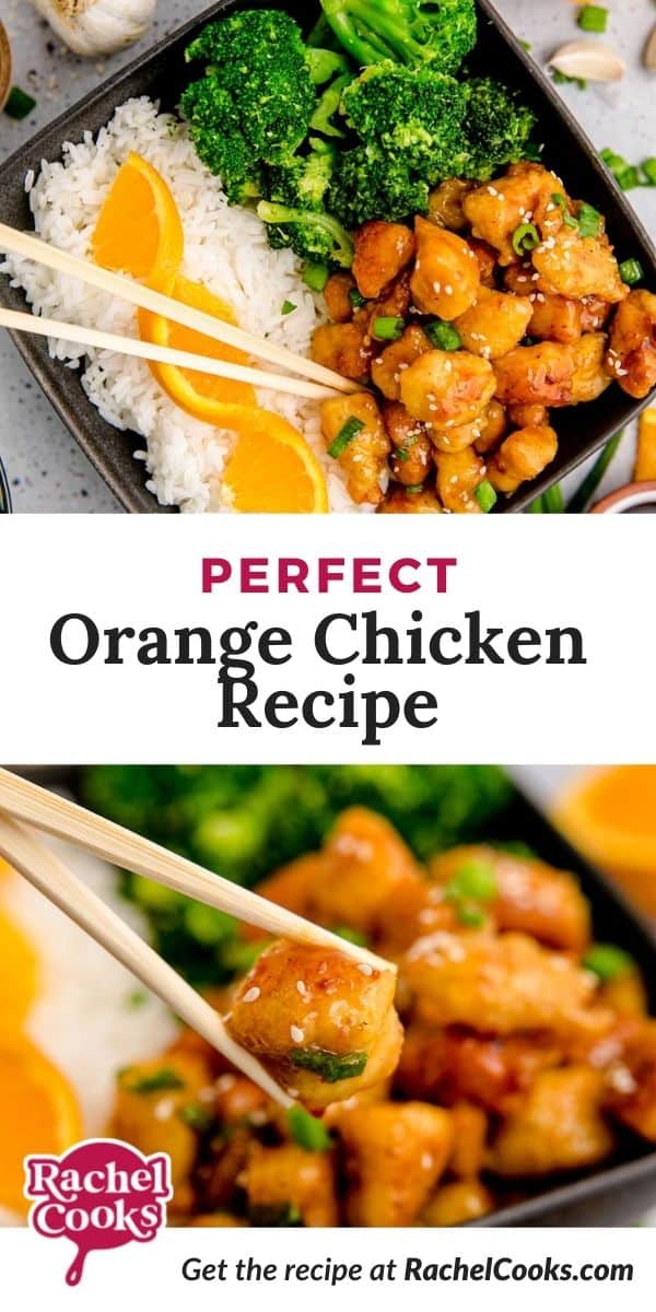 Chicken with glaze, text overlay reads "perfect orange chicken recipe."