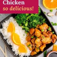 Chicken with glaze, text overlay reads "homemade orange chicken - so delicious!"