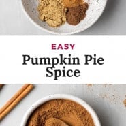 Brown spice mixture, text overlay reads "easy pumpkin pie spice."