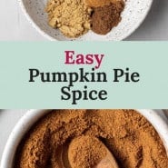 Brown spice mixture, text overlay reads "easy pumpkin pie spice."