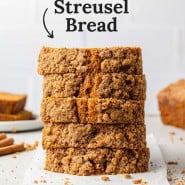 Stack of quick bread slices, text overlay reads "perfect pumpkin streusel bread."