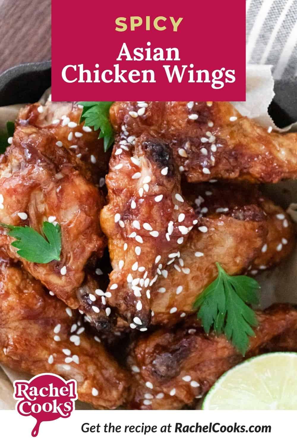 Wings, text overlay reads "spicy asian chicken wings."