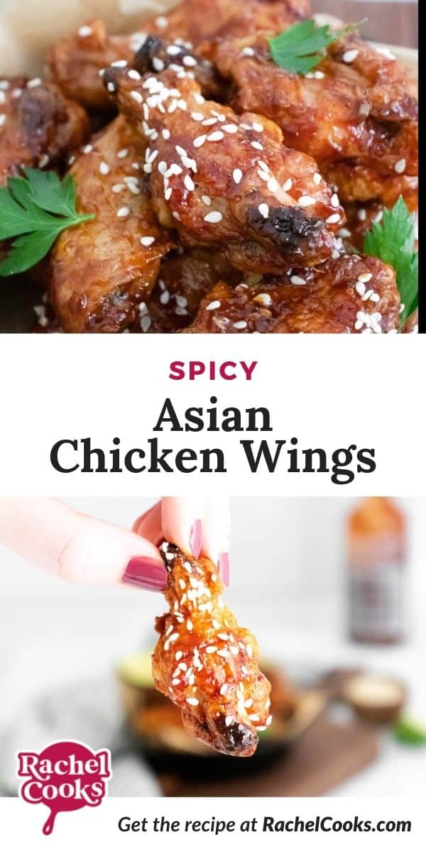 Wings, text overlay reads "spicy asian chicken wings."