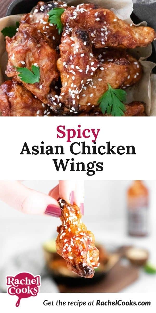Wings, text overlay reads "spicy asian chicken wings."
