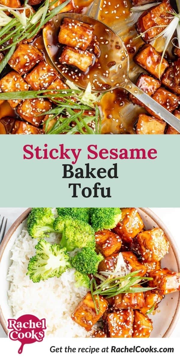 Tofu, text overlay reads "sticky sesame baked tofu."