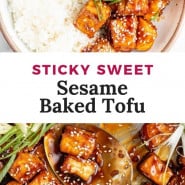 Tofu, text overlay reads "sticky sweet sesame baked tofu."