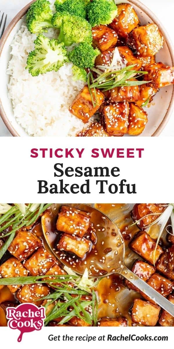 Tofu, text overlay reads "sticky sweet sesame baked tofu."