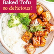 Tofu, text overlay reads "sesame baked tofu, so delicious!"