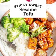 Tofu, text overlay reads "sticky sweet sesame tofu."
