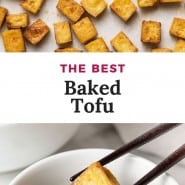 Tofu on a baking sheet, text overly reads "the best baked tofu."