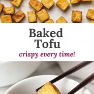 Tofu on a baking sheet, text overly reads "baked tofu - crispy every time!"