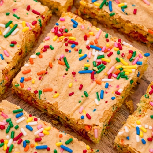 Close up of cut cake mix blondie with sprinkles.
