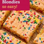 Blondies with a text overlay that reads "cake mix blondies - so easy!"