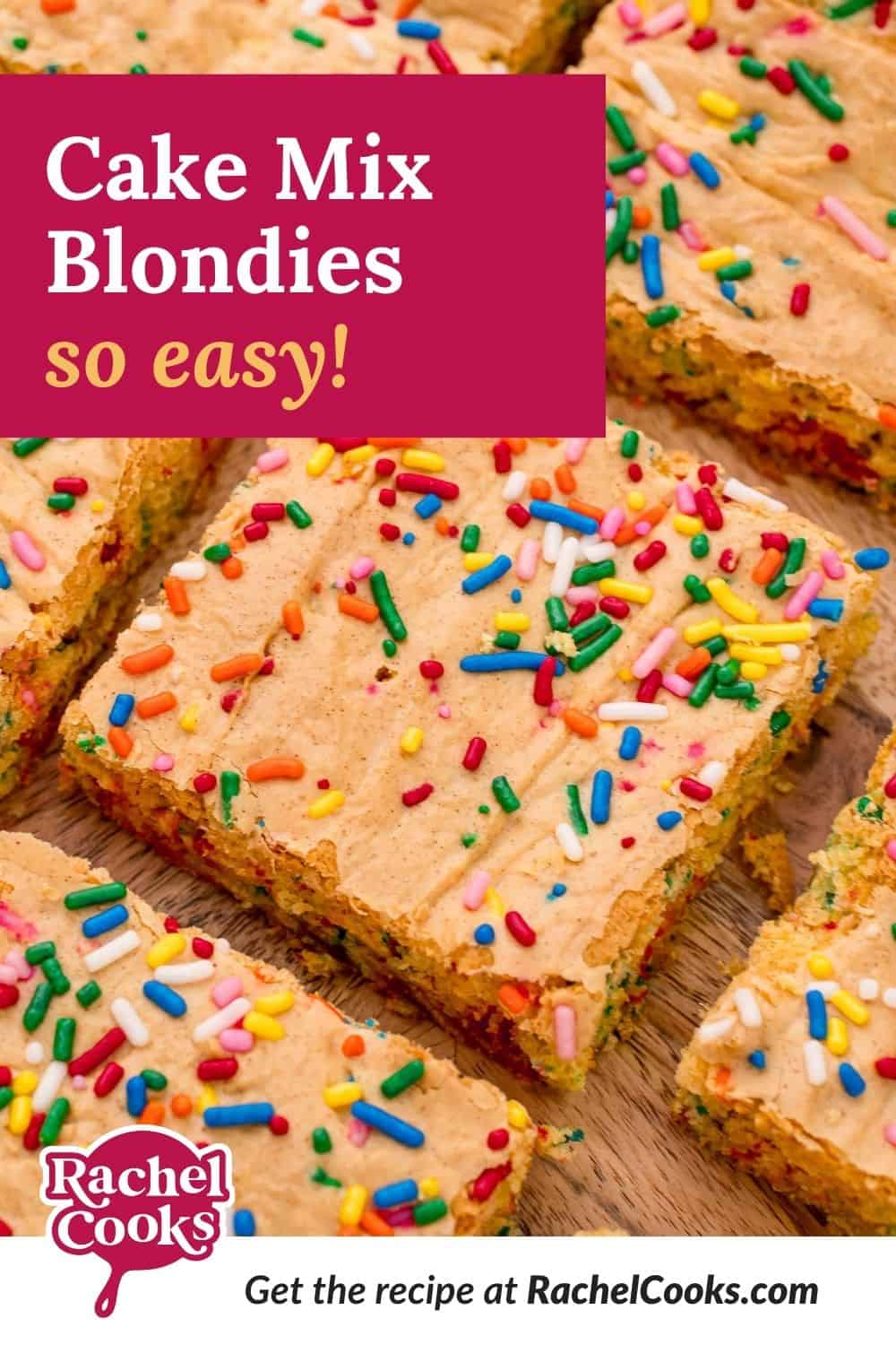 Blondies with a text overlay that reads "cake mix blondies - so easy!"