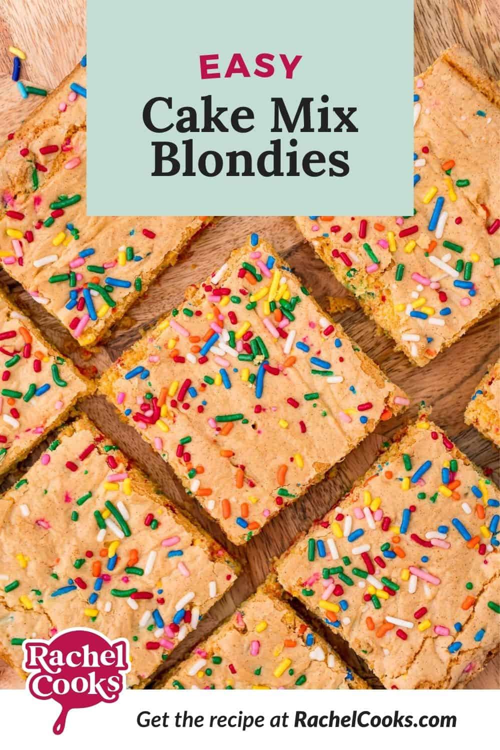 Blondies with a text overlay that reads "easy cake mix blondies"