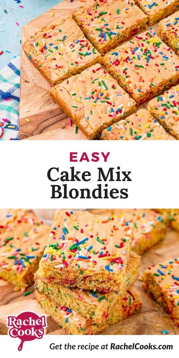 Blondies with a text overlay that reads "easy cake mix blondies"