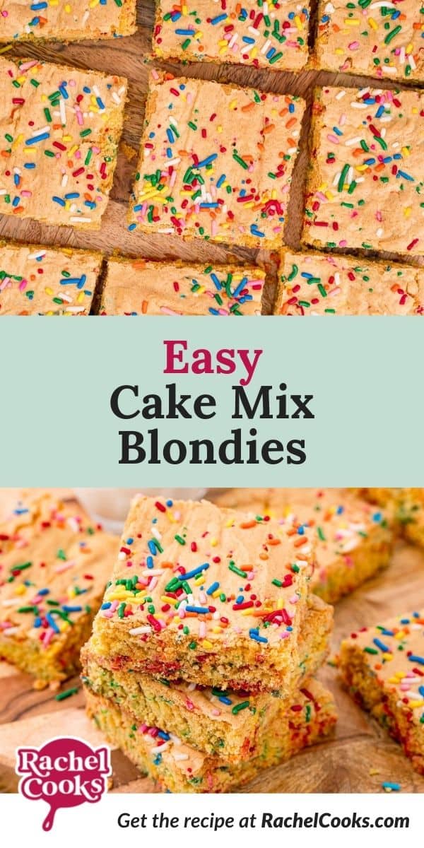 Blondies with a text overlay that reads "easy cake mix blondies"