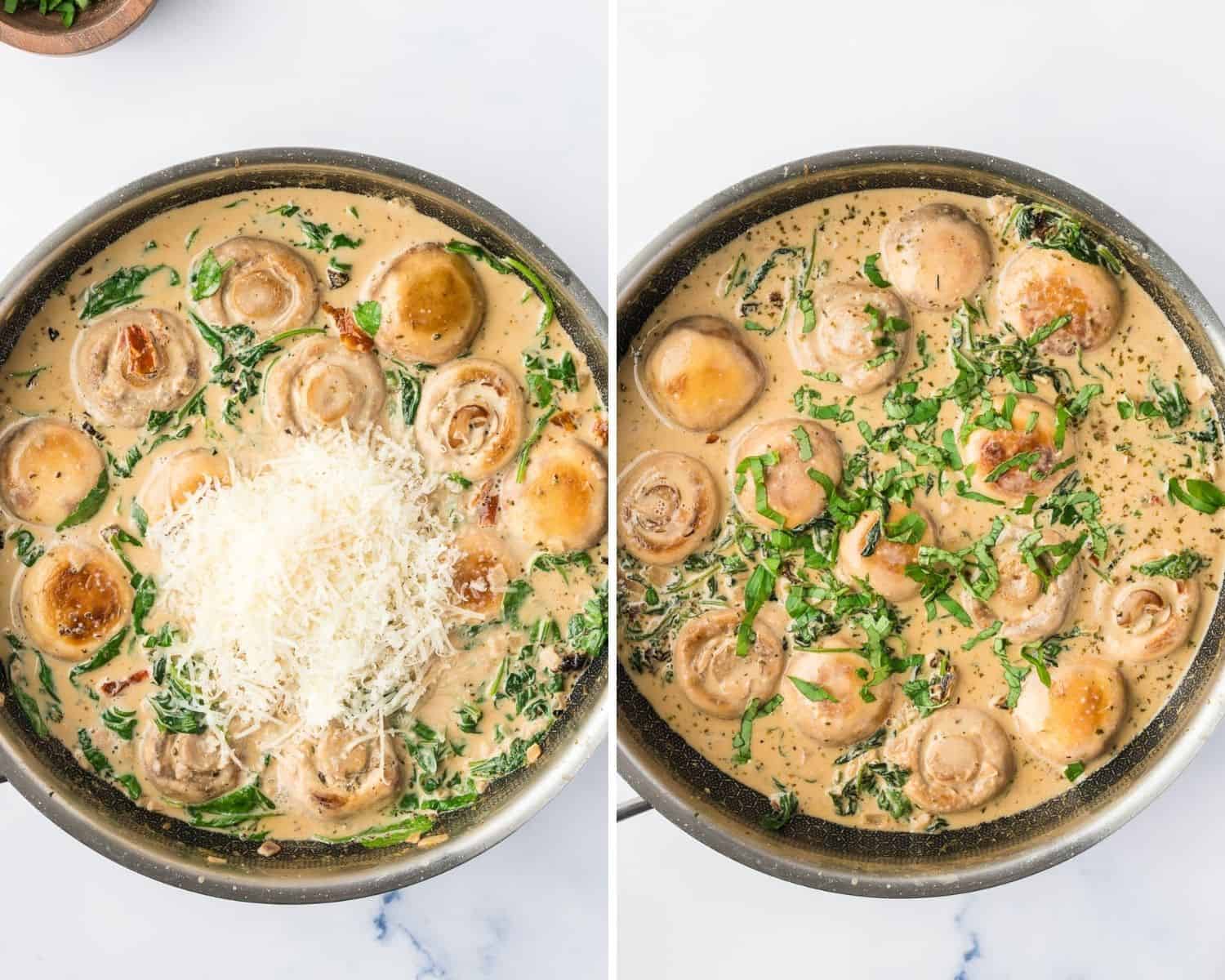 Cheese and basil being added to recipe.