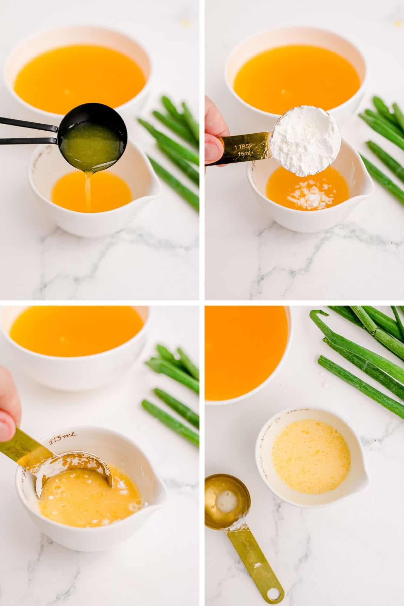 Cornstarch being mixed with orange juice, four images.