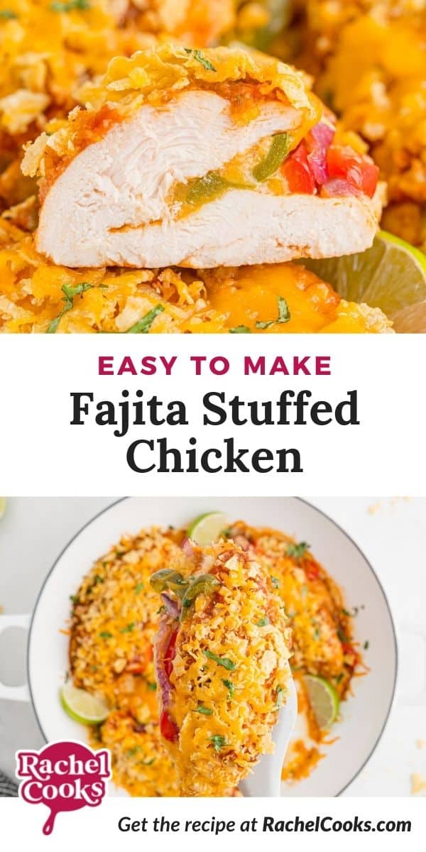 Baked chicken, text overlay reads "easy to make fajita stuffed chicken."