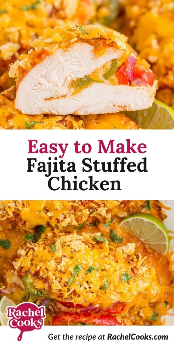 Baked chicken, text overlay reads "easy to make fajita stuffed chicken."