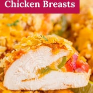 Baked chicken, text overlay reads "easy to make fajita stuffed chicken."