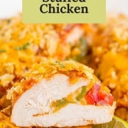 Baked chicken, text overlay reads "easy to make fajita stuffed chicken."