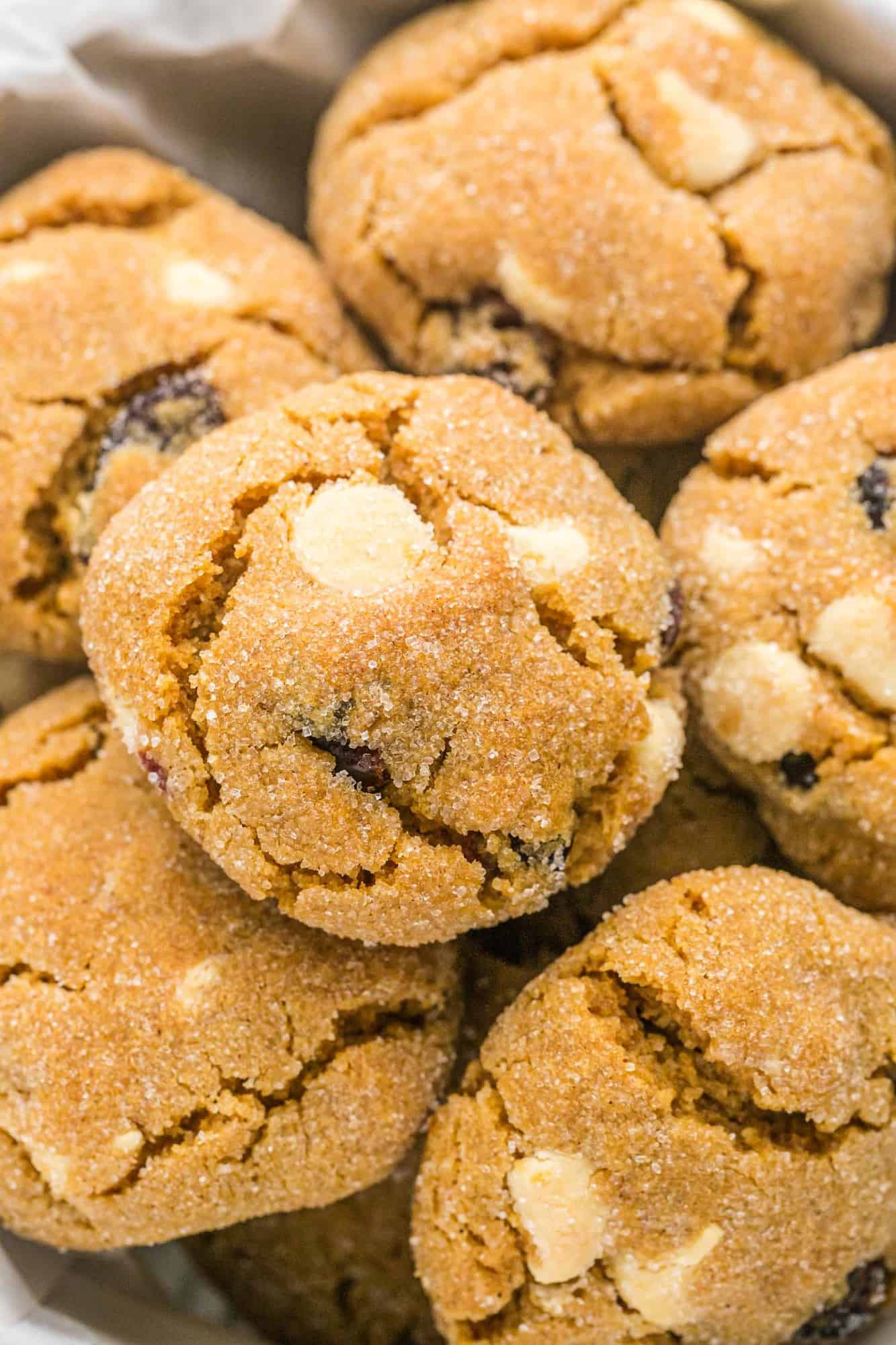 Close up of pile of gingersnap cookies with cranberries and white chocolate.