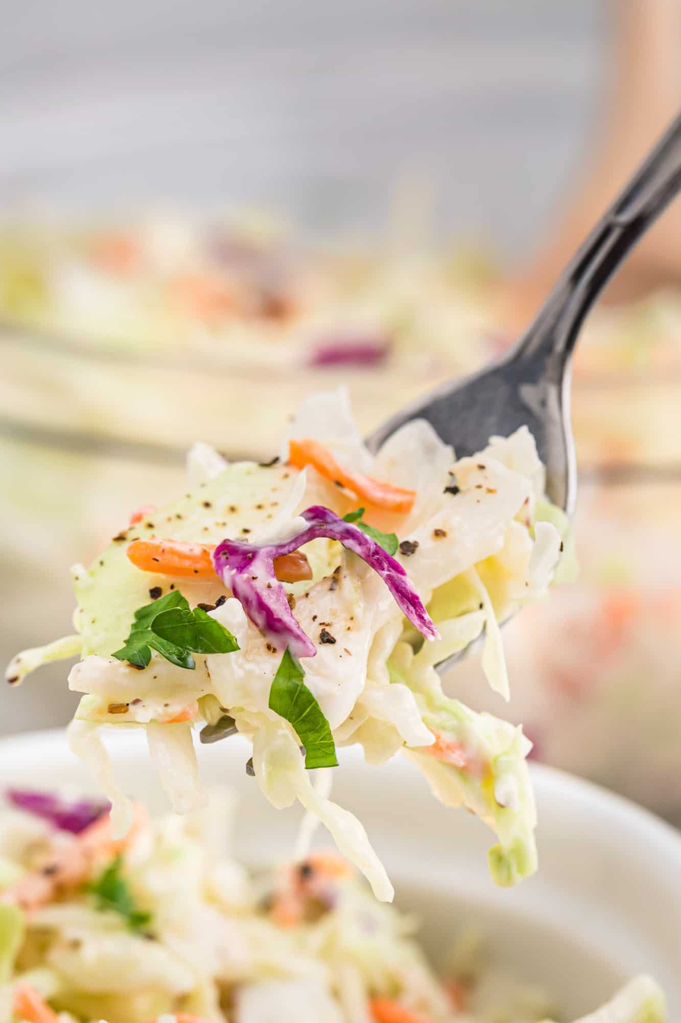Coleslaw on a fork, showing components.