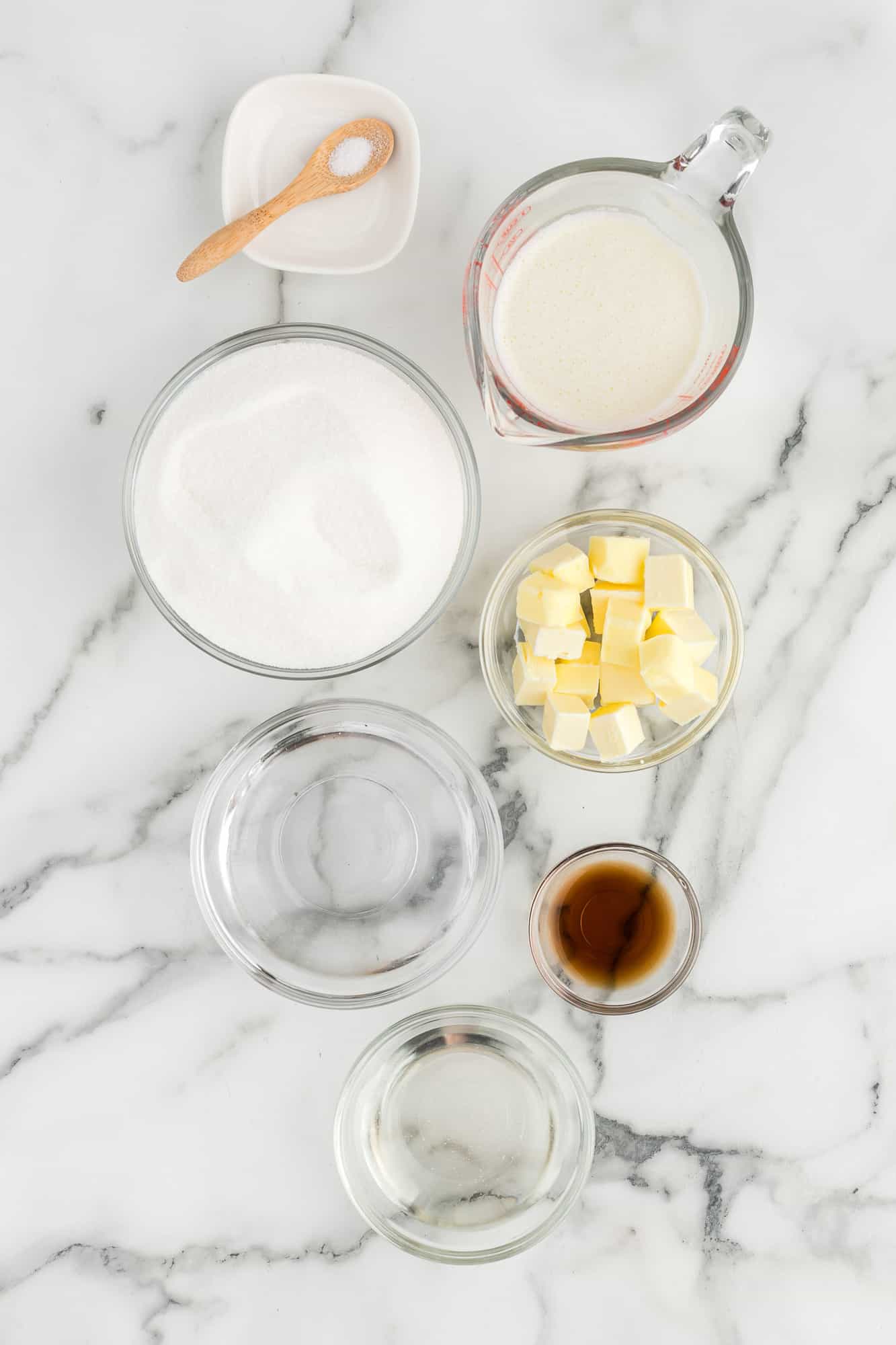 Overhead view of ingredients in separate bowls.