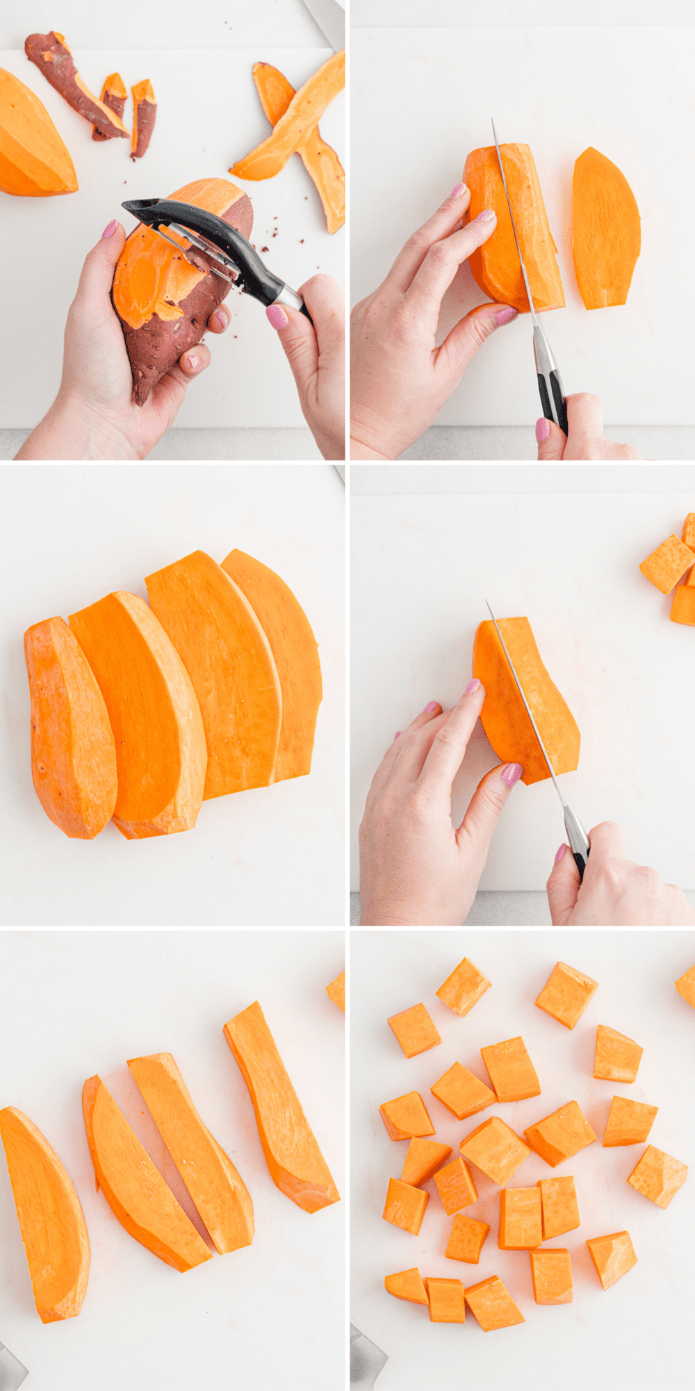 Six steps of peeling and cutting a sweet potato.