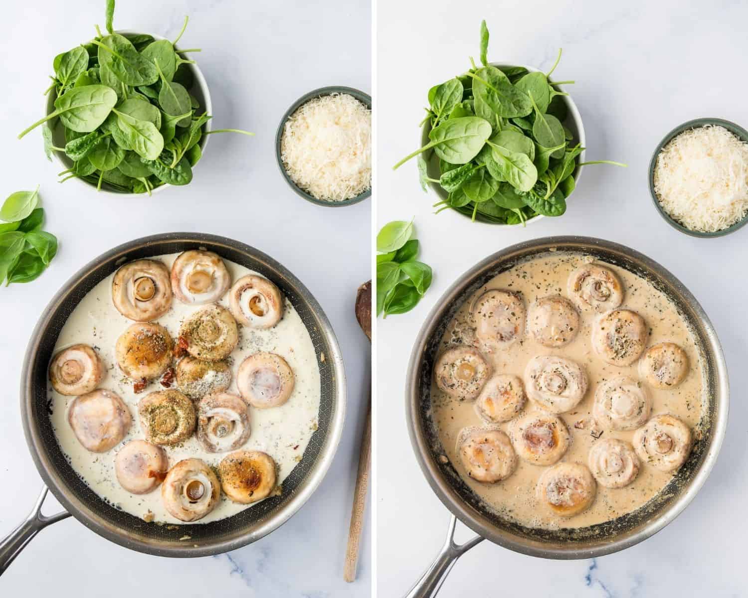 Mushrooms in creamy sauce, before and after cooking.