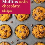 Muffins, text overlay reads "pumpkin muffins with chocolate chips."