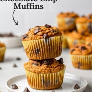 Muffins, text overlay reads "easy pumpkin chocolate chip muffins."