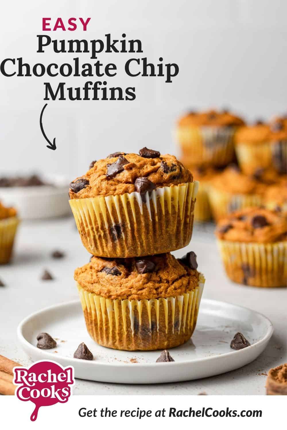 Muffins, text overlay reads "easy pumpkin chocolate chip muffins."