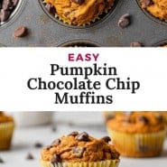 Muffins, text overlay reads "easy pumpkin chocolate chip muffins."