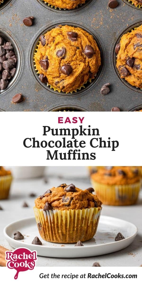 Muffins, text overlay reads "easy pumpkin chocolate chip muffins."