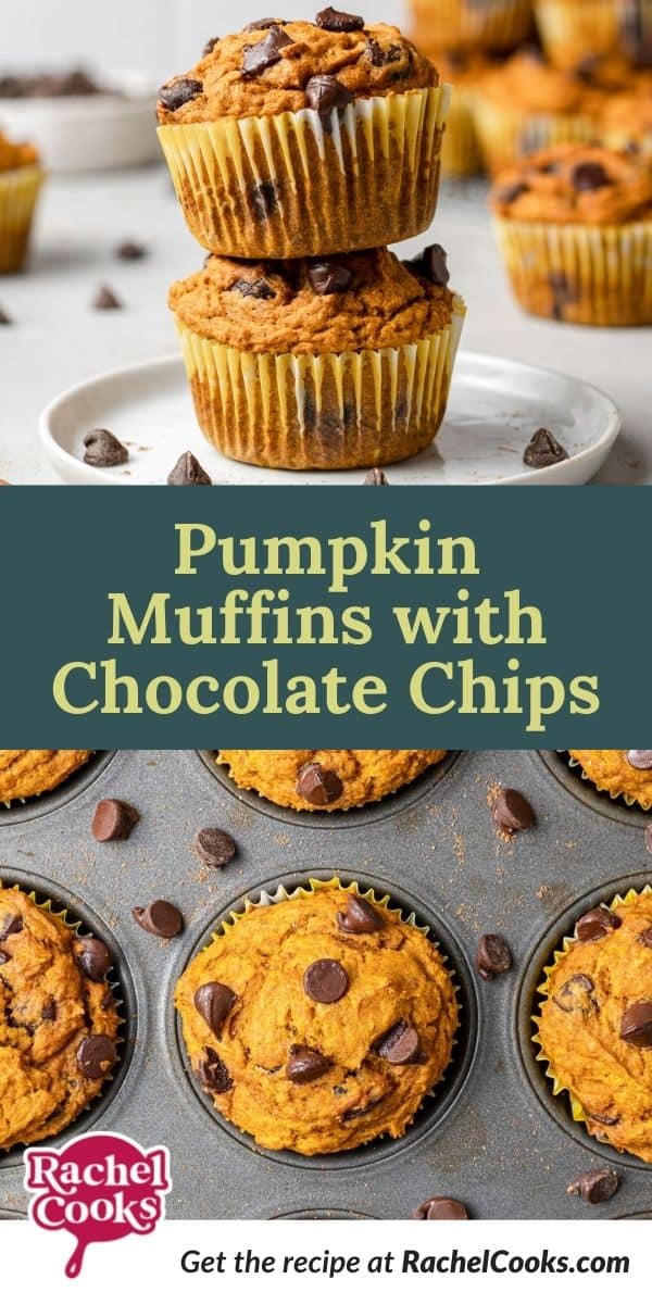 Muffins, text overlay reads "pumpkin muffins with chocolate chips."