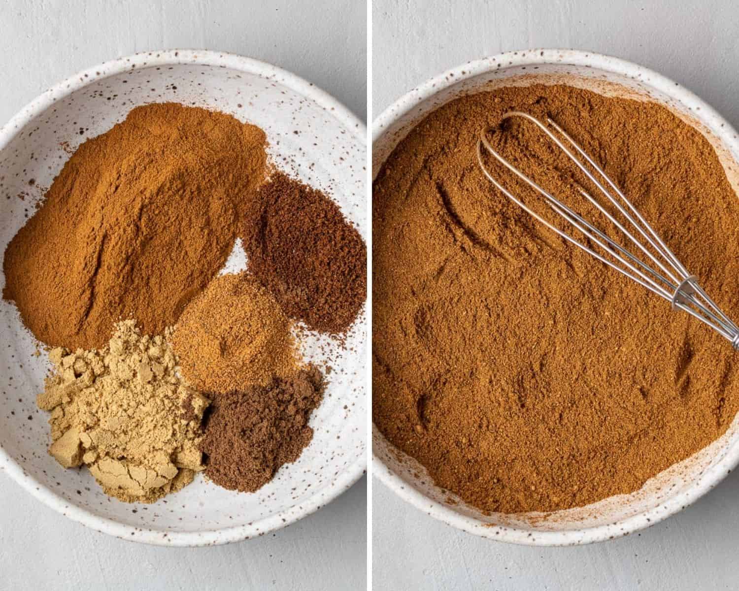 Side by side images of pumpkin pie spice before and after being mixed in a bowl with a whisk.