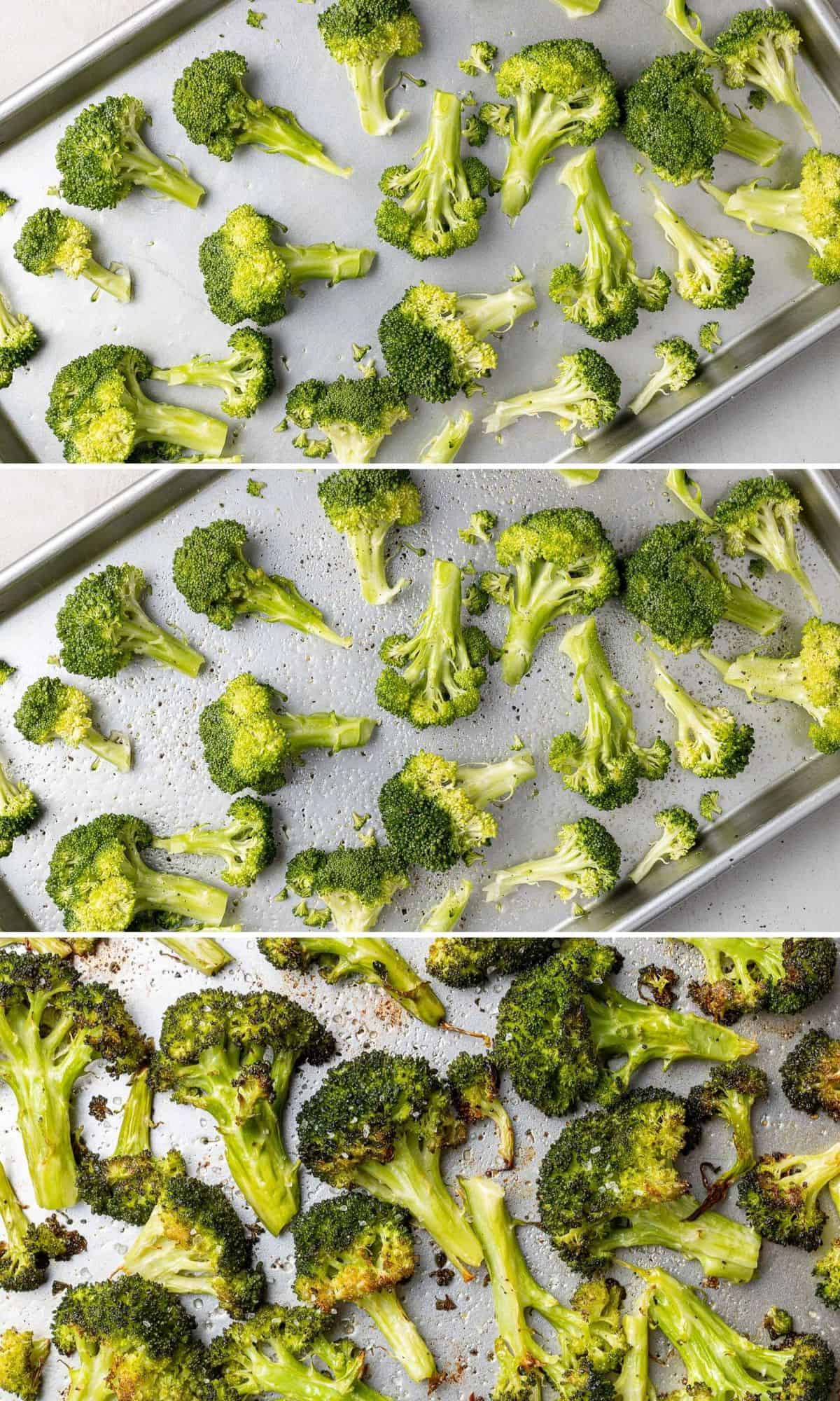 3 images, raw plain broccoli, raw broccoli with olive oil and seasonings, and roasted broccoli.