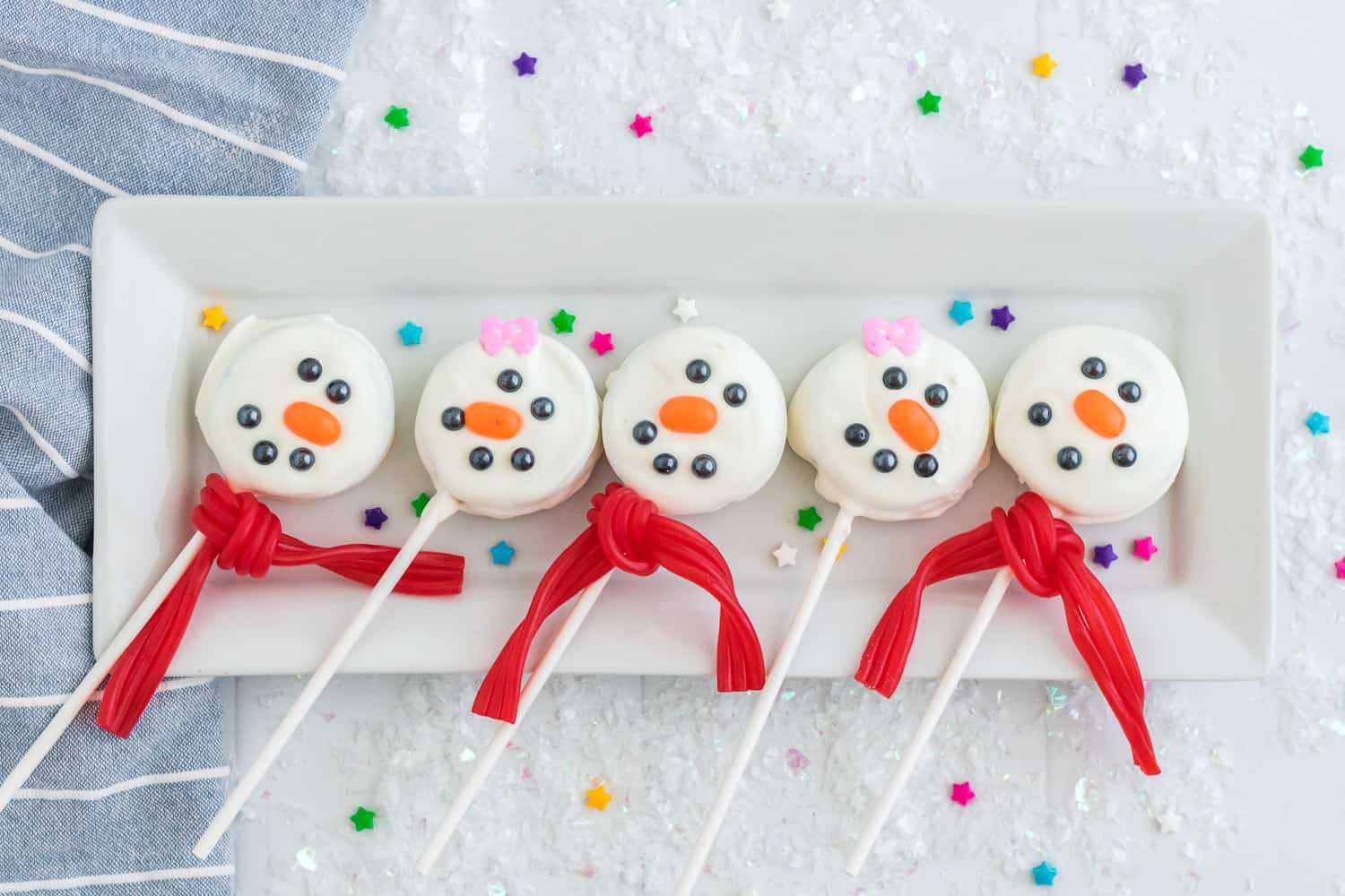 Platter of snowmen pops.