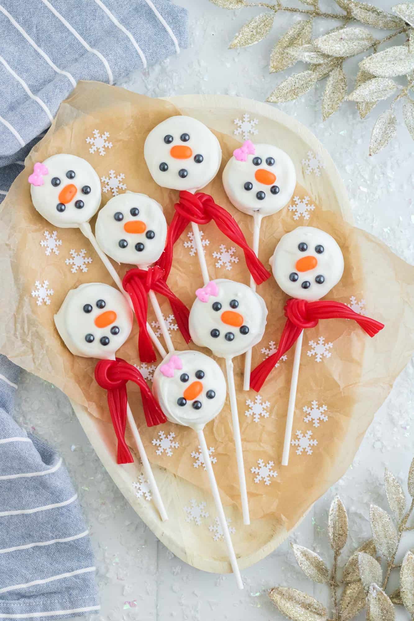 Platter of Oreo snowmen pops.