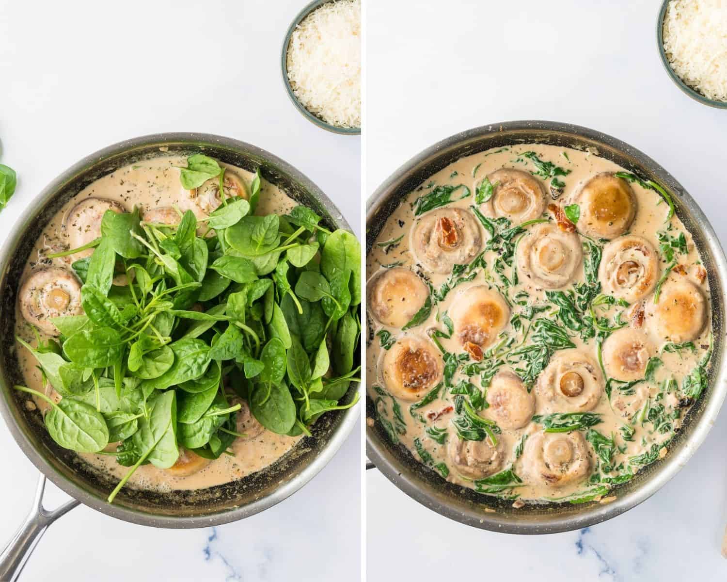 Spinach on top of creamy mushrooms on left, on right, wilted and stirred in.