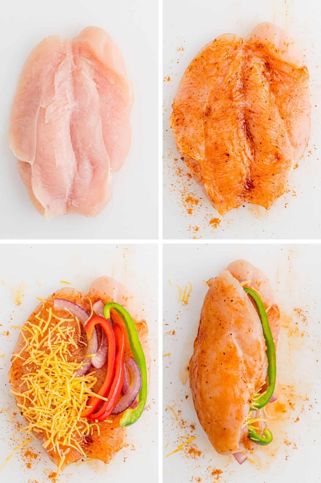 Four images showing how to season and stuff chicken breast.
