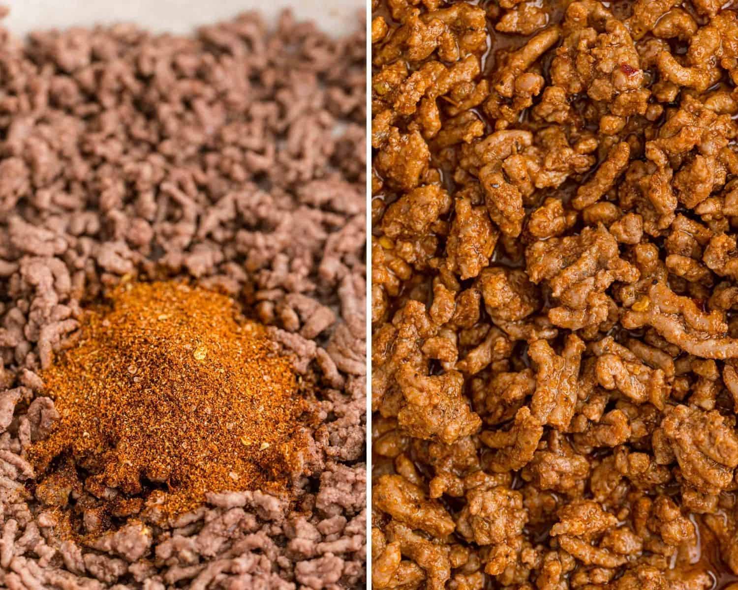 Taco seasoning before and after being mixed in with ground beef.