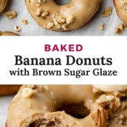 Donuts, text overlay reads "baked banana donuts with brown sugar glaze."